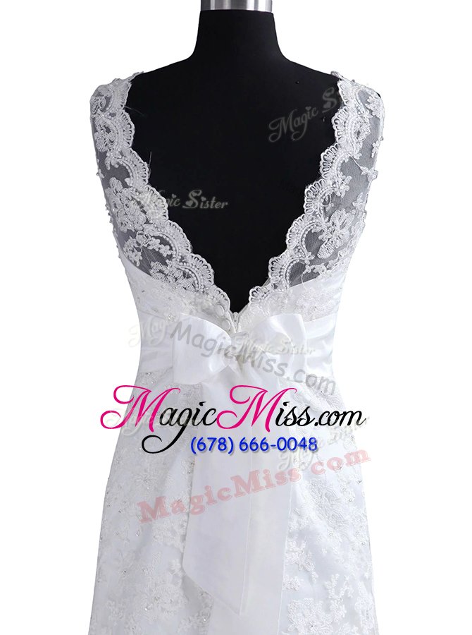 wholesale hot sale scoop brush train column/sheath wedding gowns white scalloped lace sleeveless with train backless