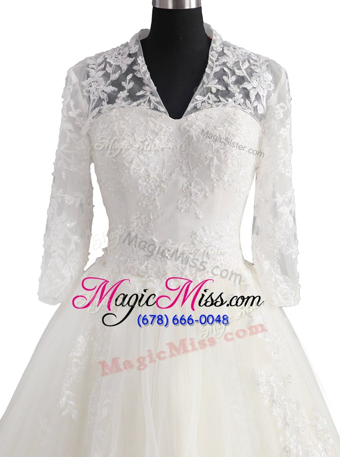 wholesale fashion brush train a-line wedding dress white v-neck tulle 3|4 length sleeve with train zipper