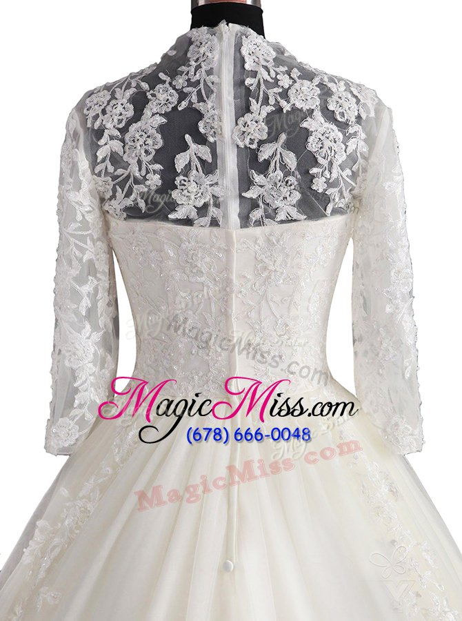 wholesale fashion brush train a-line wedding dress white v-neck tulle 3|4 length sleeve with train zipper
