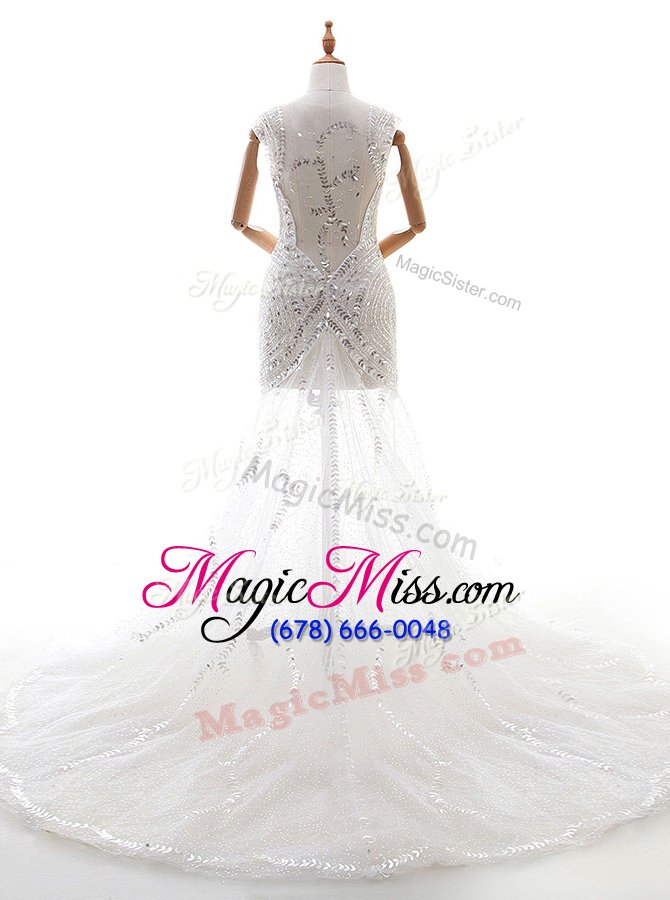 wholesale clearance court train column/sheath wedding gown white v-neck tulle sleeveless with train zipper