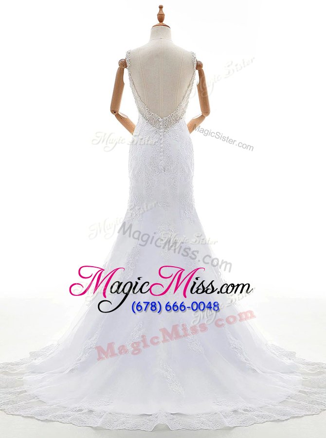 wholesale best mermaid sleeveless lace with train court train backless wedding gowns in white for with beading and lace