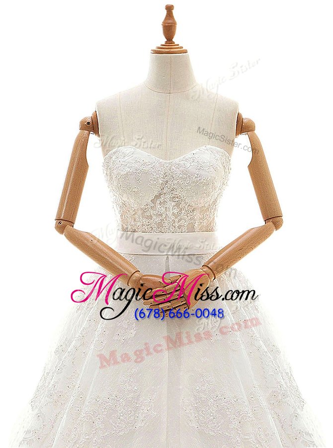 wholesale custom fit lace and appliques and bowknot wedding dress white zipper sleeveless with train court train