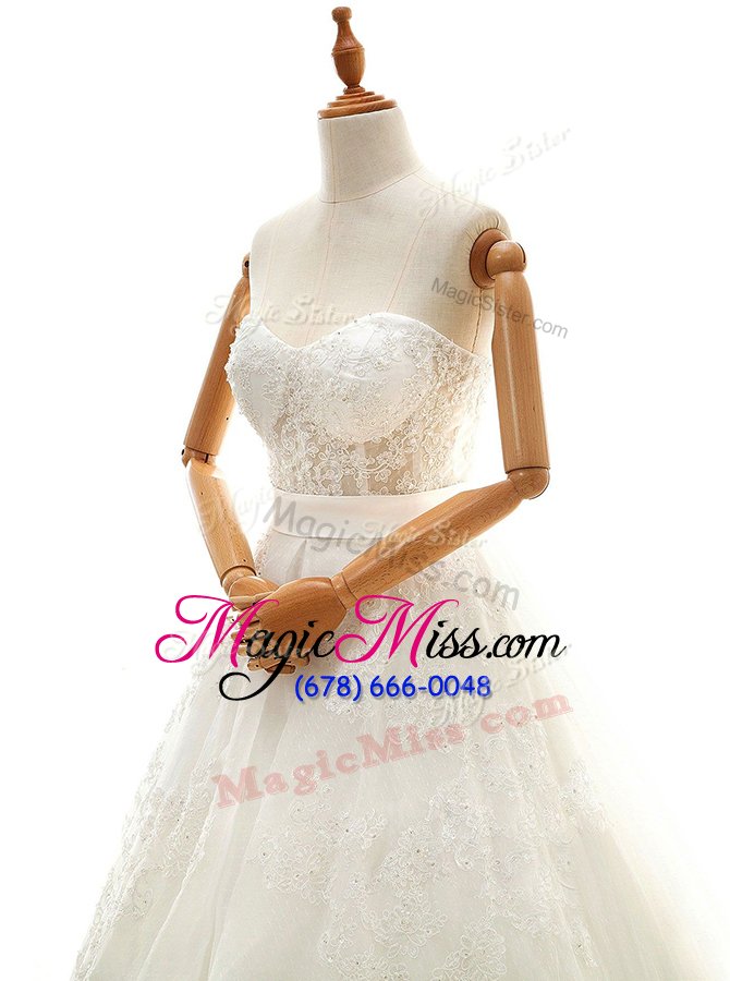 wholesale custom fit lace and appliques and bowknot wedding dress white zipper sleeveless with train court train