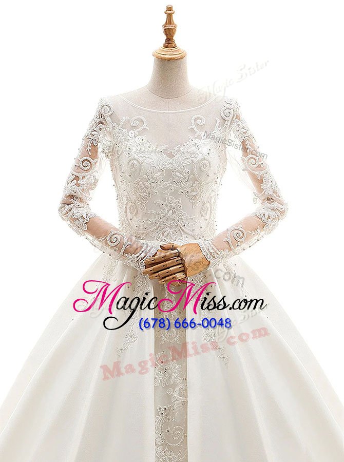 wholesale modern white scoop neckline appliques wedding dresses long sleeves zipper