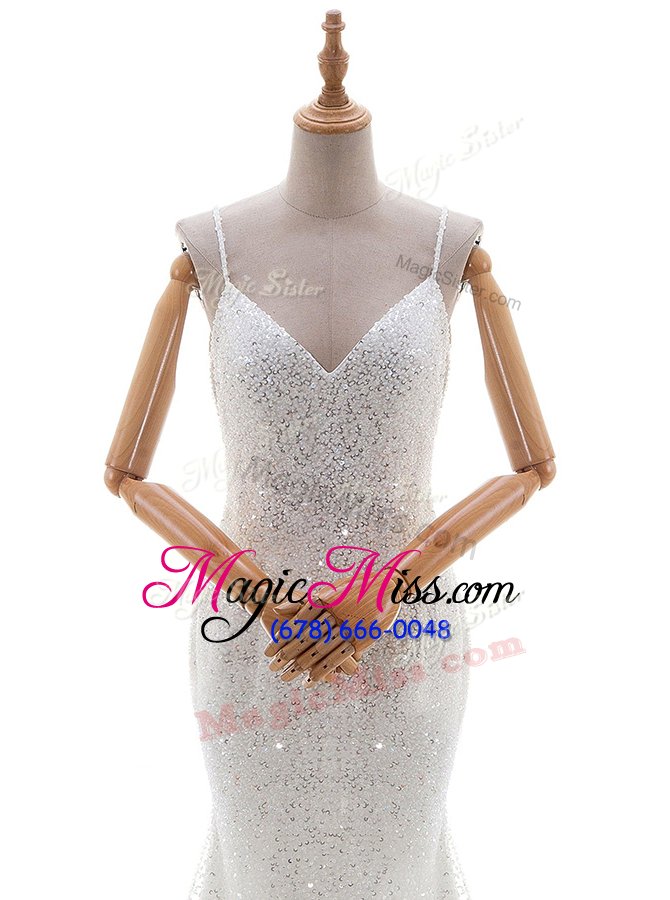 wholesale mermaid sleeveless tulle and sequined with brush train backless wedding dresses in white for with sequins