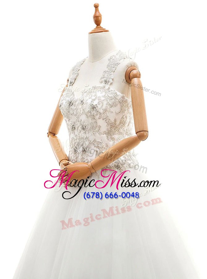 wholesale shining white sleeveless brush train beading and lace with train wedding gowns
