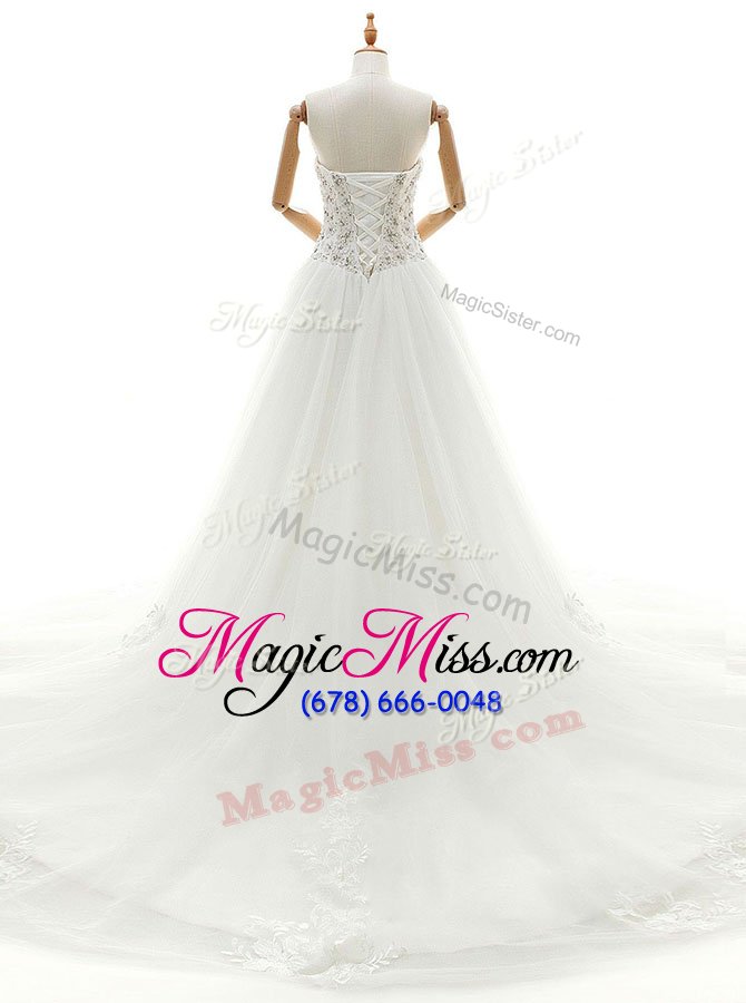 wholesale noble white a-line tulle sweetheart sleeveless beading and appliques with train lace up wedding dress chapel train