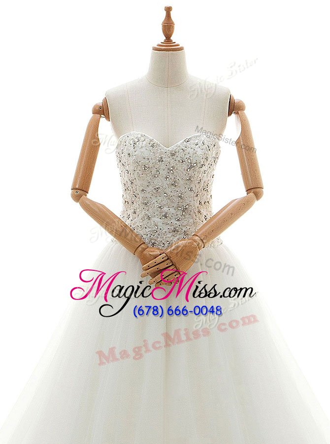 wholesale noble white a-line tulle sweetheart sleeveless beading and appliques with train lace up wedding dress chapel train