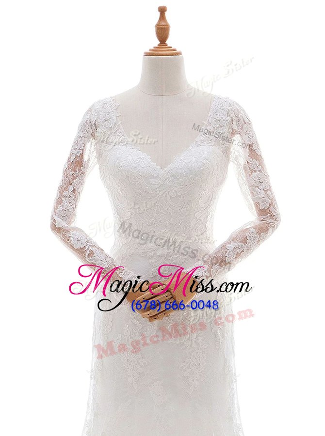 wholesale amazing v-neck long sleeves lace wedding gown lace and appliques brush train lace up