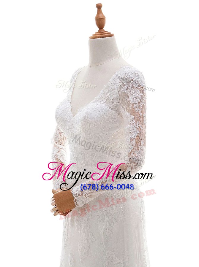 wholesale amazing v-neck long sleeves lace wedding gown lace and appliques brush train lace up
