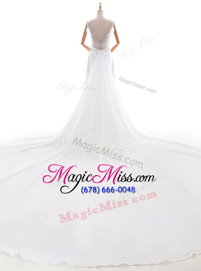 wholesale simple white backless wedding gowns beading sleeveless with brush train