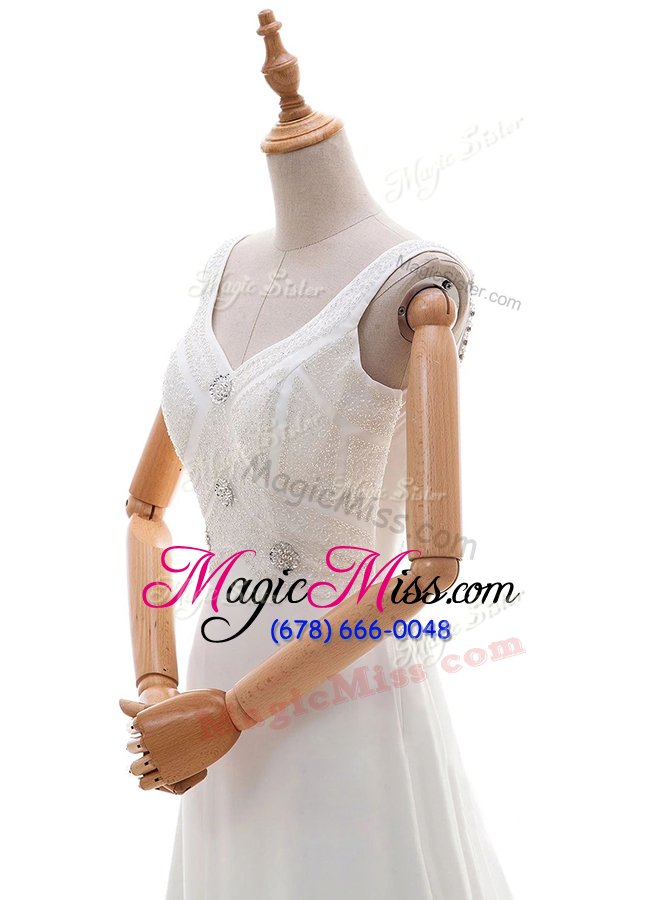 wholesale simple white backless wedding gowns beading sleeveless with brush train