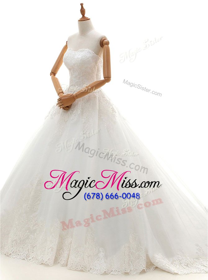 wholesale classical white lace up wedding dresses lace and appliques sleeveless with brush train
