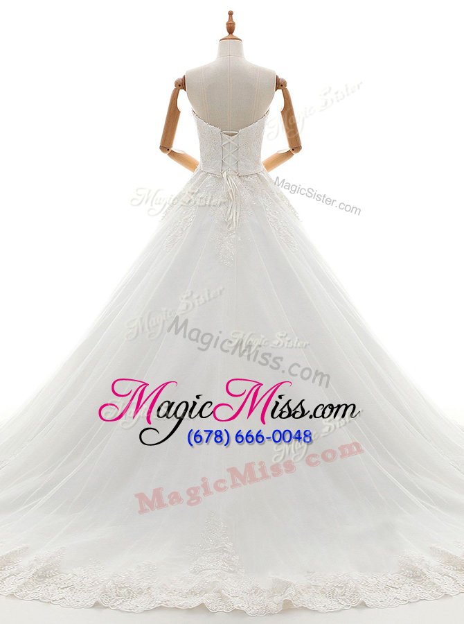 wholesale classical white lace up wedding dresses lace and appliques sleeveless with brush train
