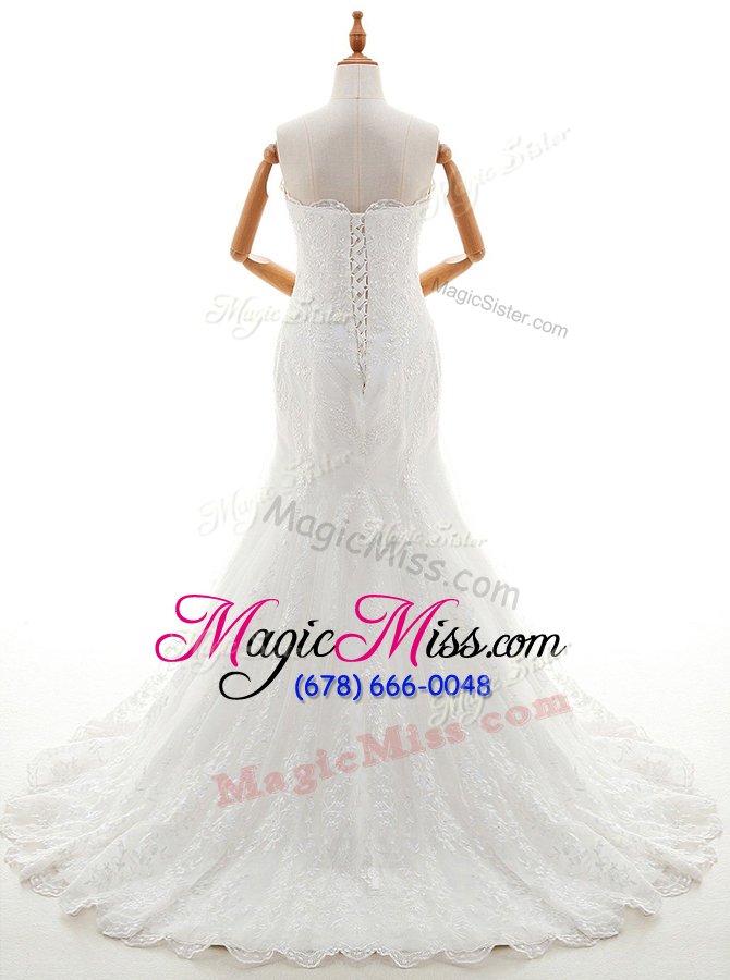wholesale scalloped white mermaid lace wedding gowns lace up lace sleeveless with train