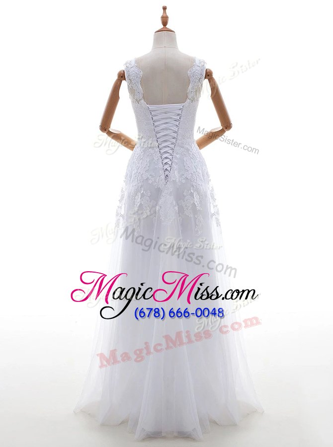 wholesale beautiful white column/sheath tulle scoop sleeveless lace and appliques with train lace up wedding dress brush train