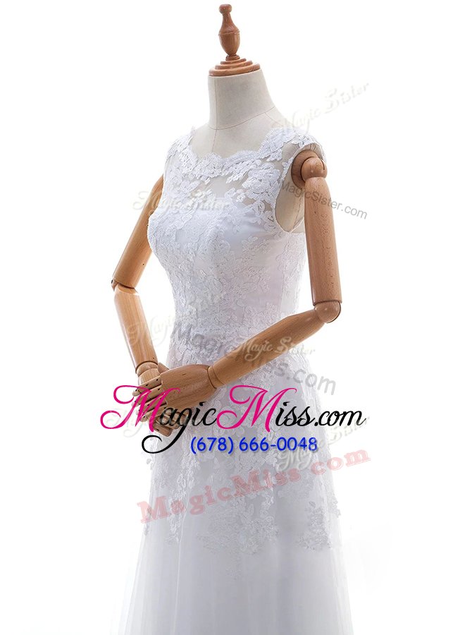 wholesale beautiful white column/sheath tulle scoop sleeveless lace and appliques with train lace up wedding dress brush train