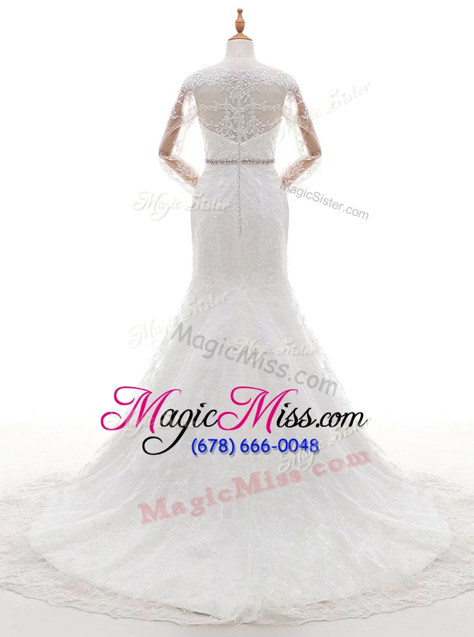 wholesale chic mermaid white scoop neckline beading and lace wedding dress long sleeves clasp handle