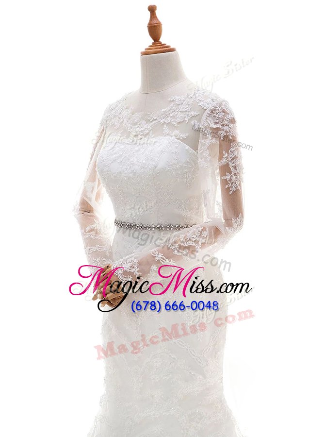 wholesale chic mermaid white scoop neckline beading and lace wedding dress long sleeves clasp handle