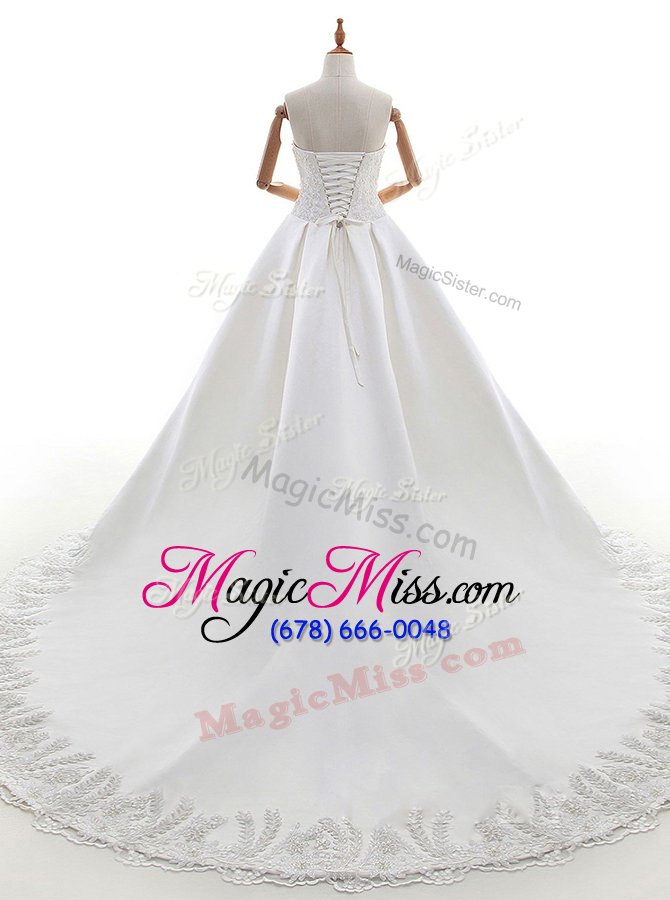 wholesale dramatic white ball gowns v-neck sleeveless lace with train watteau train lace up lace and appliques wedding gowns