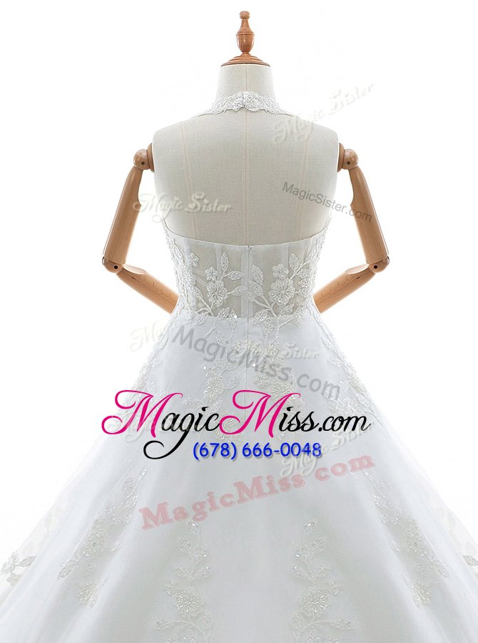 wholesale chic lace white halter top neckline appliques wedding gowns sleeveless zipper