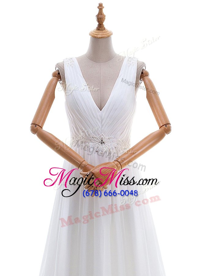 wholesale chic white v-neck zipper appliques wedding dresses brush train sleeveless