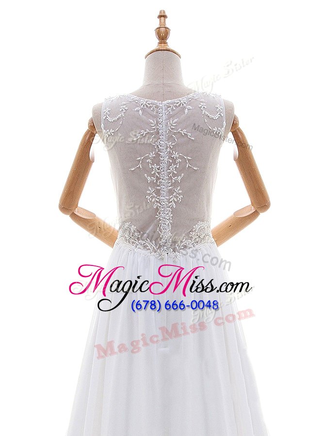 wholesale chic white v-neck zipper appliques wedding dresses brush train sleeveless