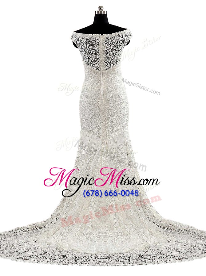 wholesale on sale white zipper wedding dresses lace and sashes|ribbons cap sleeves with brush train