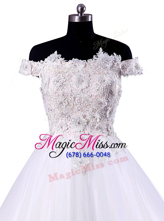 wholesale low price off the shoulder white sleeveless appliques floor length wedding gowns
