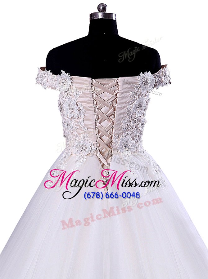 wholesale low price off the shoulder white sleeveless appliques floor length wedding gowns