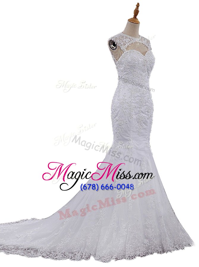 wholesale low price mermaid scoop beading and lace wedding gown white clasp handle sleeveless with brush train