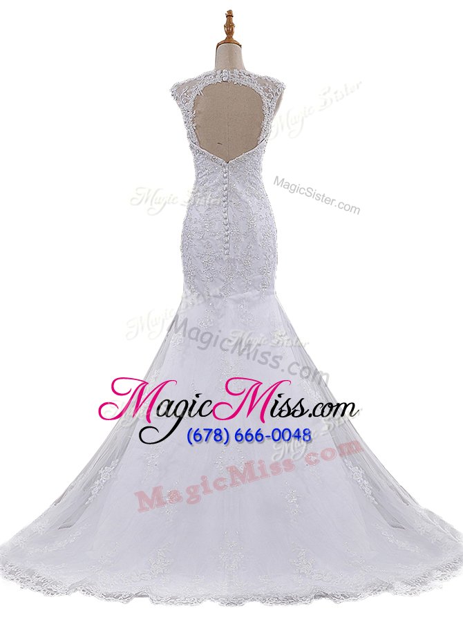 wholesale low price mermaid scoop beading and lace wedding gown white clasp handle sleeveless with brush train