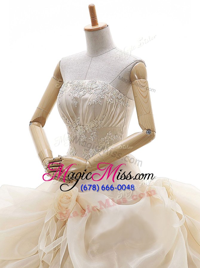 wholesale decent champagne lace up strapless appliques and ruffled layers and pick ups and hand made flower wedding gown organza sleeveless