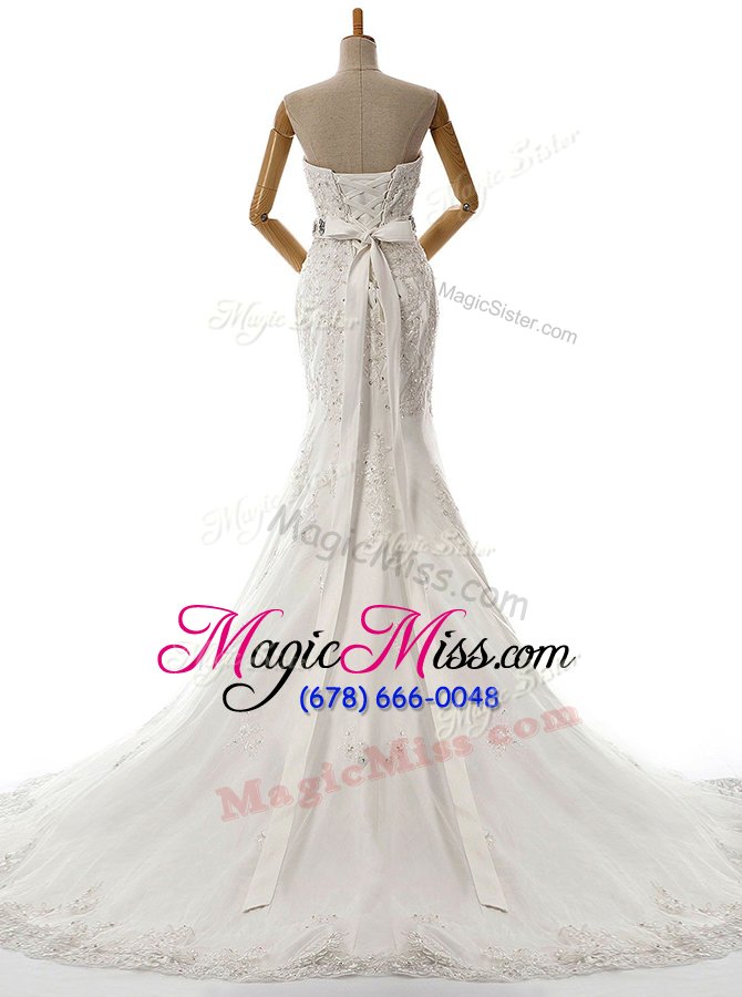 wholesale suitable mermaid white lace up wedding dresses beading and lace and appliques sleeveless with brush train
