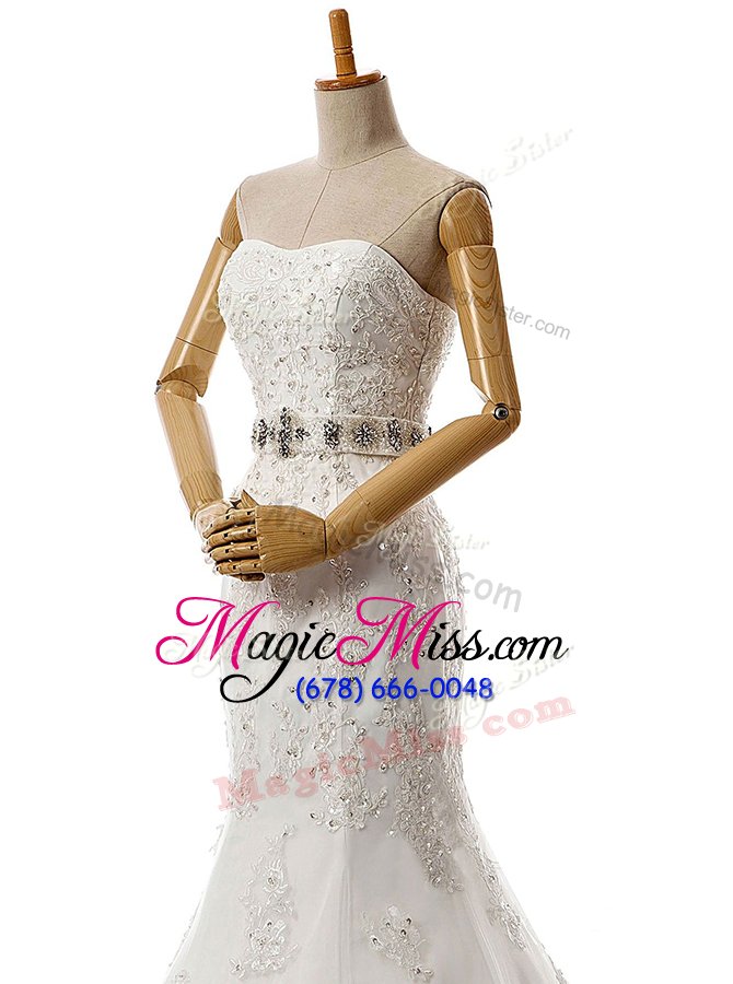 wholesale suitable mermaid white lace up wedding dresses beading and lace and appliques sleeveless with brush train