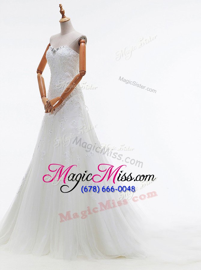 wholesale pretty white sleeveless with train beading and lace and appliques lace up wedding dresses