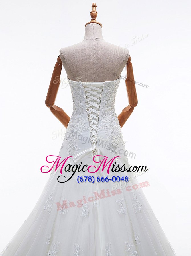 wholesale pretty white sleeveless with train beading and lace and appliques lace up wedding dresses