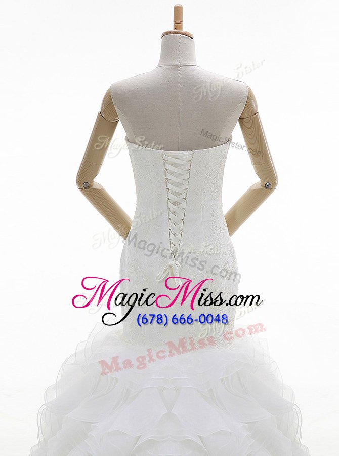 wholesale clearance mermaid with train white wedding gowns organza brush train sleeveless beading and ruffles
