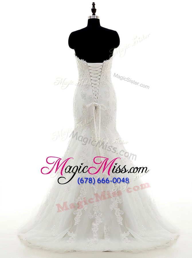 wholesale extravagant mermaid tulle and lace sweetheart sleeveless sweep train lace up appliques and sashes|ribbons wedding dresses in white