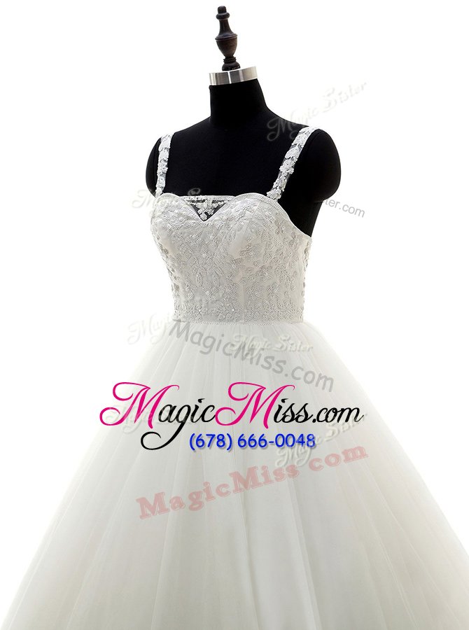 wholesale flirting a-line wedding dress white straps tulle and lace sleeveless floor length zipper