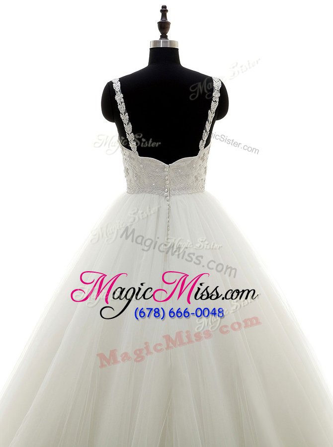 wholesale flirting a-line wedding dress white straps tulle and lace sleeveless floor length zipper