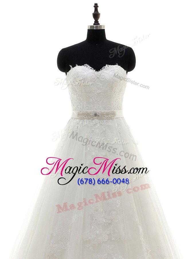 wholesale lace white sleeveless with train sashes|ribbons zipper wedding dresses