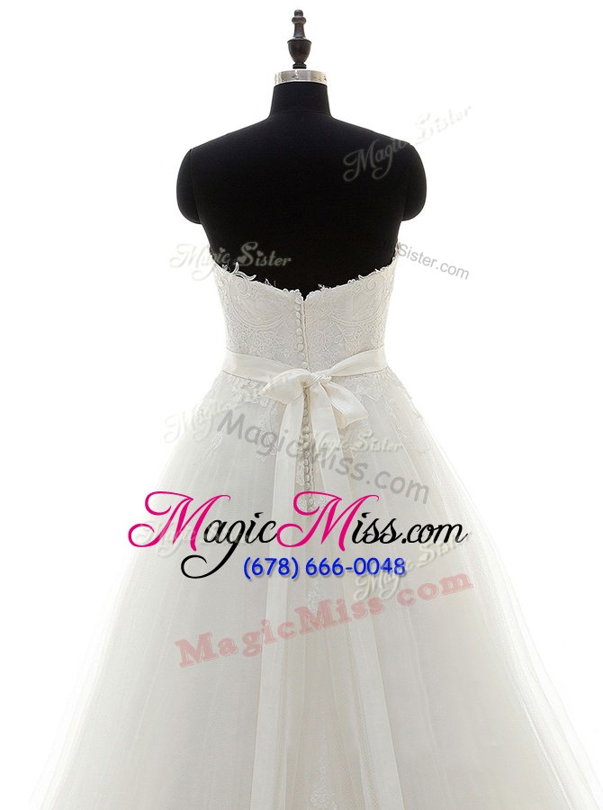 wholesale lace white sleeveless with train sashes|ribbons zipper wedding dresses