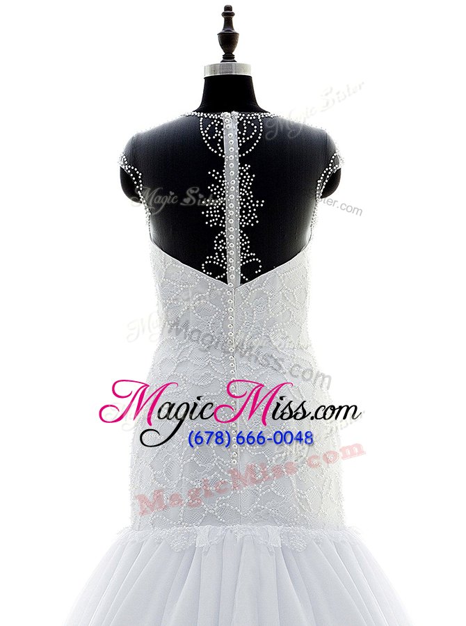 wholesale modest white zipper scoop beading and lace wedding gown chiffon and lace short sleeves brush train