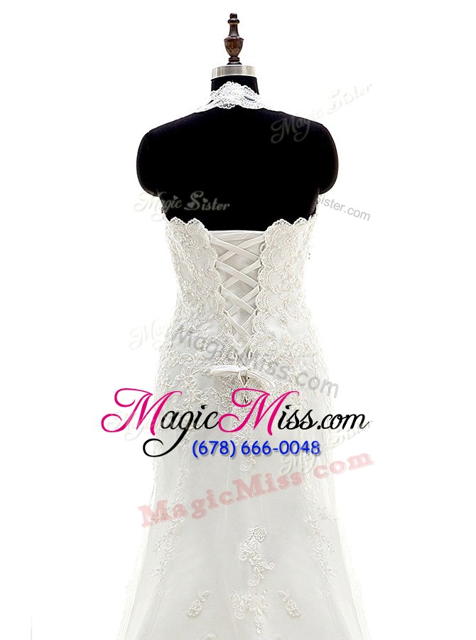 wholesale fashion halter top white lace up scalloped lace and appliques wedding dress lace sleeveless brush train
