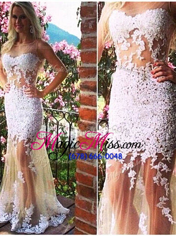 wholesale flare champagne mermaid tulle scoop sleeveless appliques backless dress for prom court train