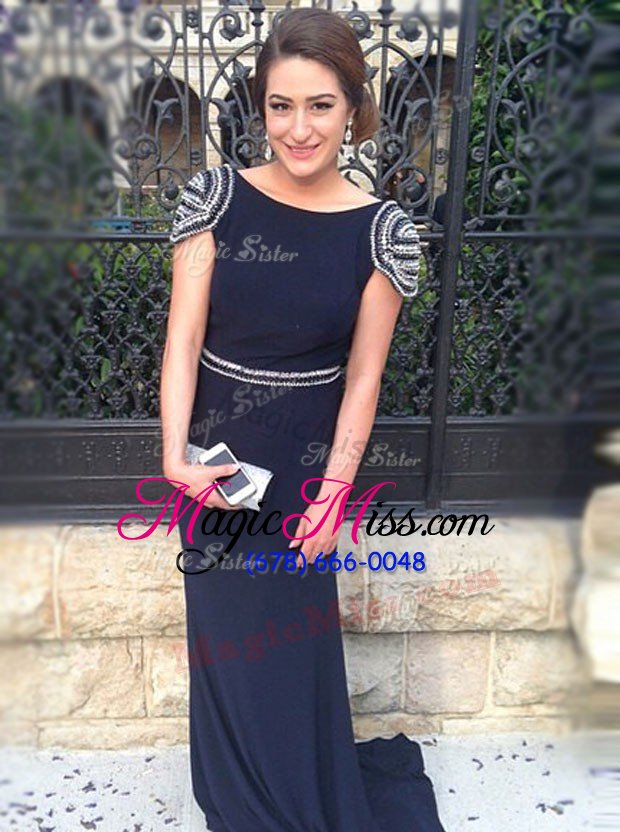 wholesale cheap cap sleeves chiffon brush train zipper mother of the bride dress in navy blue for with beading