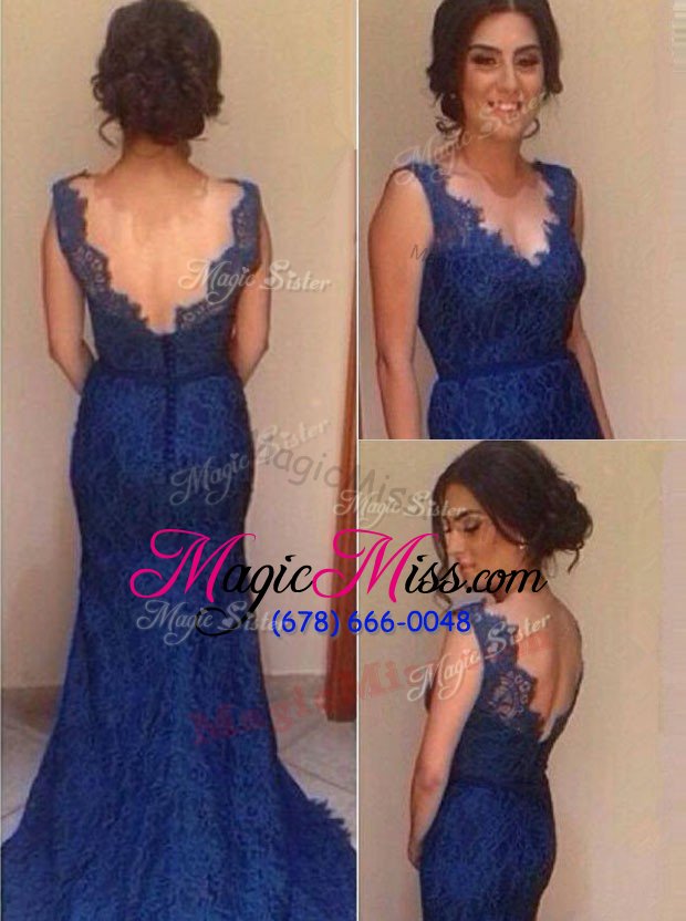 wholesale extravagant royal blue mermaid v-neck sleeveless lace court train backless lace