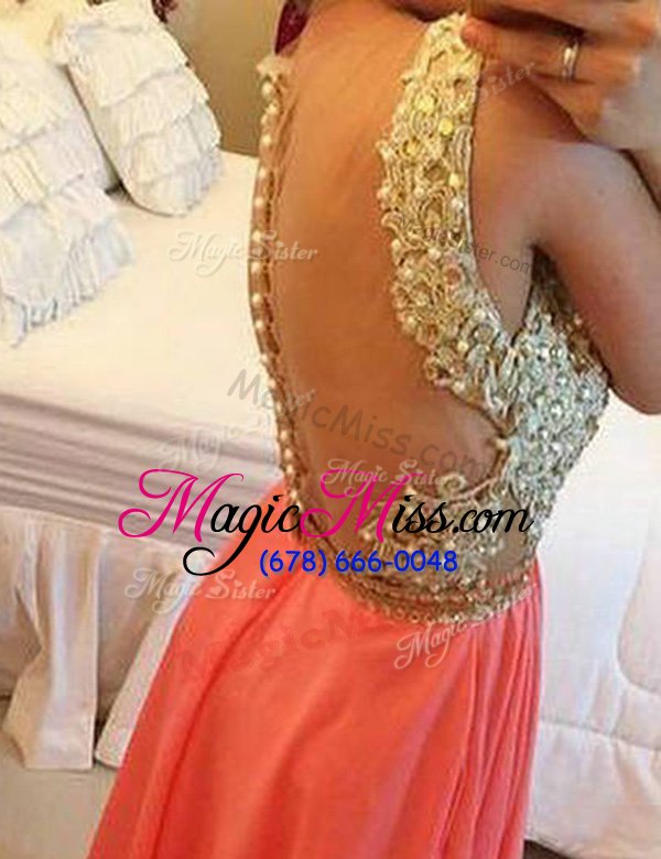 wholesale attractive coral red v-neck backless beading and appliques sleeveless