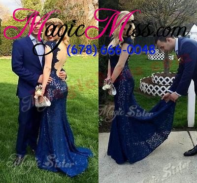 wholesale smart mermaid cap sleeves floor length backless dress like a star navy blue and in for prom and party with lace